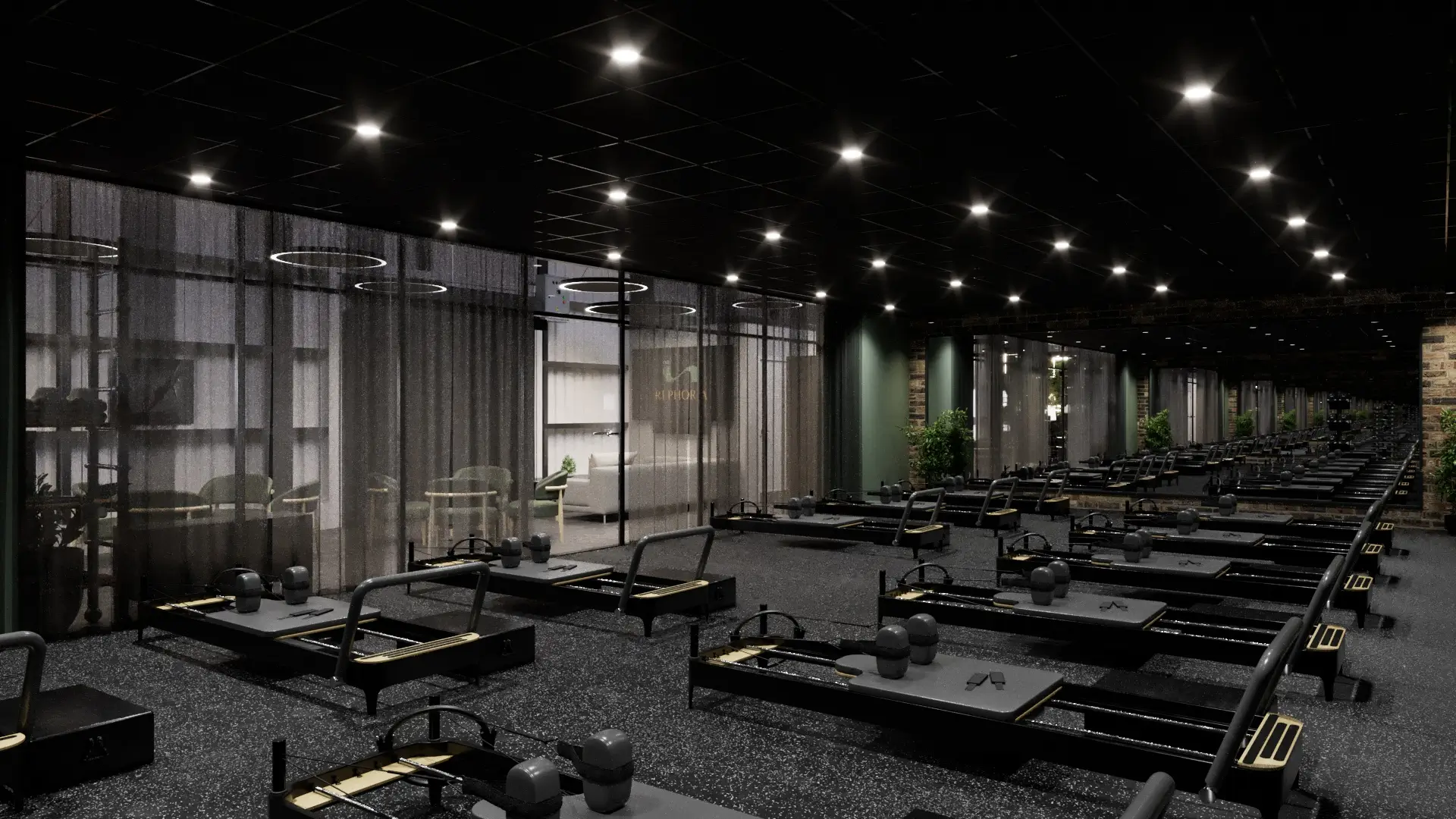 Modern Rephoria studio reception desk featuring green seating, industrial ceilings, and premium branding.
